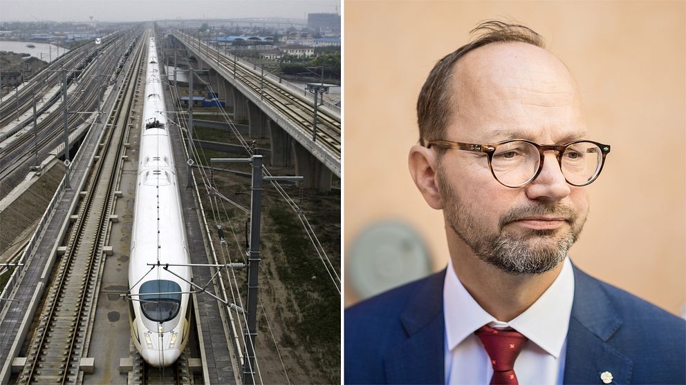 Ett vitt höghastighetståg står stilla på ett tågspår samt bild på Tomas Eneroth (S), infrastrukturminister.