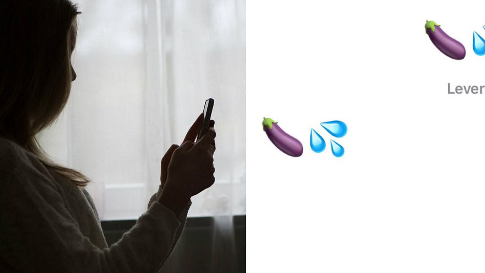 Flicka sitter med en mobil. Bild på emojis av aubergine och droppar.