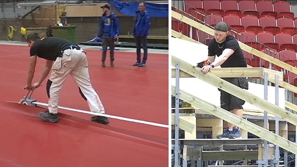 Uppbyggnad av Halmstad Arena inför lag-VM i bordtennis.