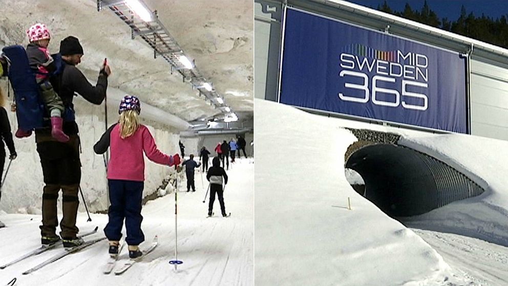 Bild med barnfamilj som åker skidor inne i en snöig skidtunnel, och en bild på ingången till tunneln med en skylt med text r Mid Sweden 365.