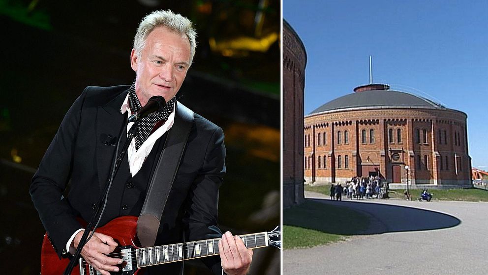 artisten Sting på scen, och en bild på en rund tegelbyggnad – gasklockorna i Gävle