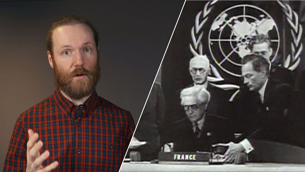 Reporter förklarar och historiskt foto på säkerhetsrådet.