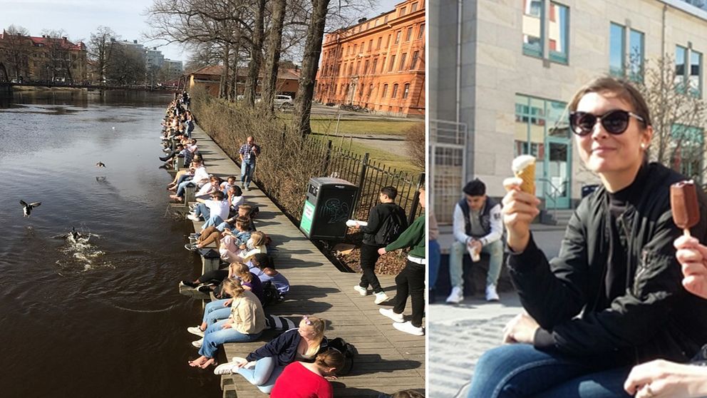 Människor vid Fyrisån. Kvinnor som äter glass.