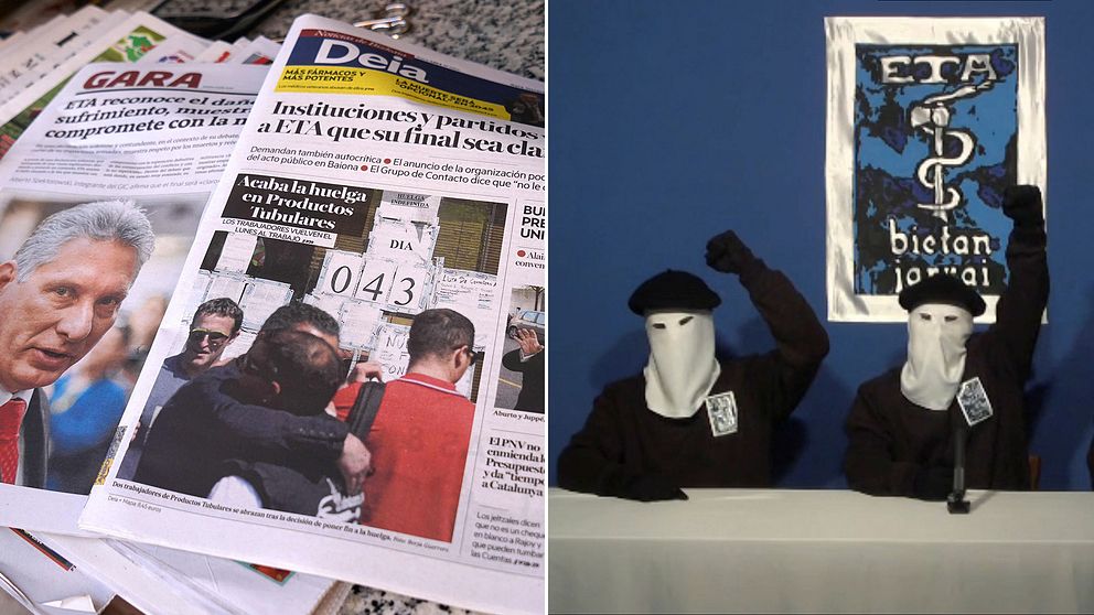 Baskiska tidningar och en arkivbild på två maskerade ETA-medlemmar.