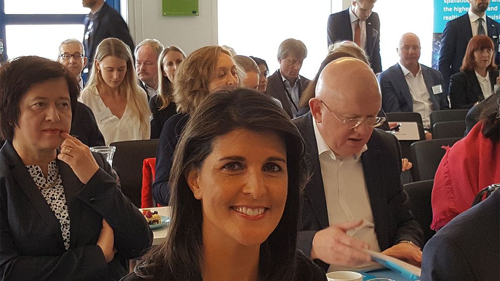 Säkerhetsrådet med bland andra FN-ambassadörerna från USA och Ryssland, Nikki Haley och Vassilij Nebenzia lyssnar på ett föredrag av chefen för ESS i Lund.