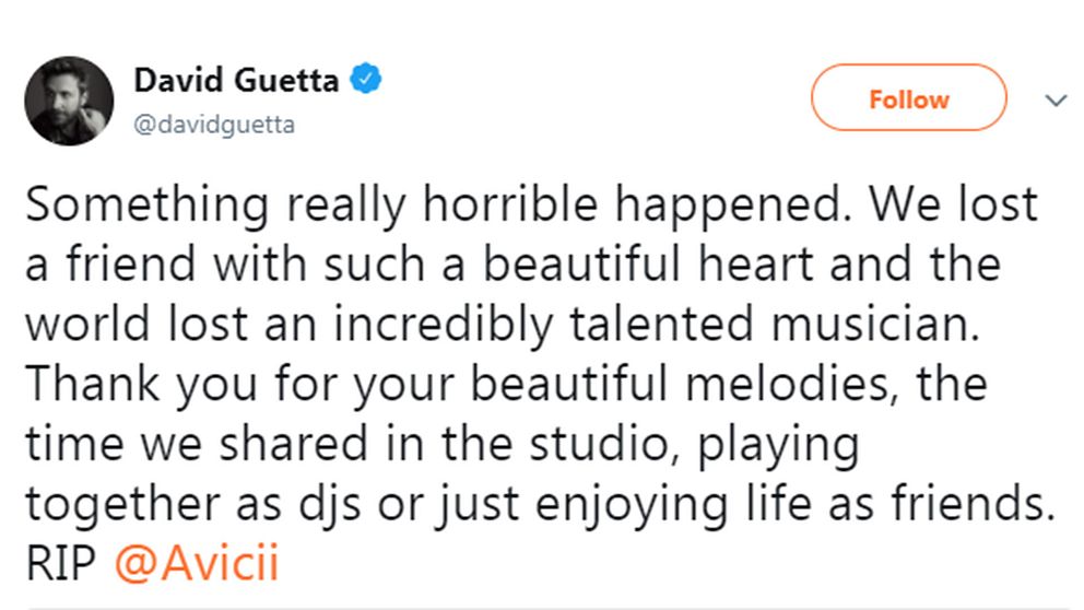 DJ-stjärnan David Guetta sörjer sin vän Avicii på Twitter.