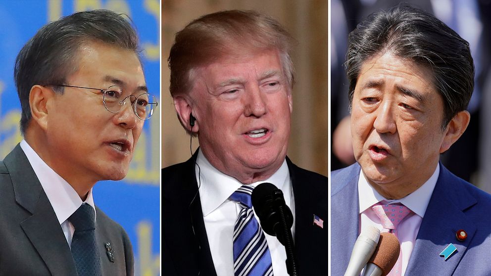 Sydkoreas president Moon Jae-in, USA:s president Donald Trump och Japans premiärminister Shinzo Abe.
