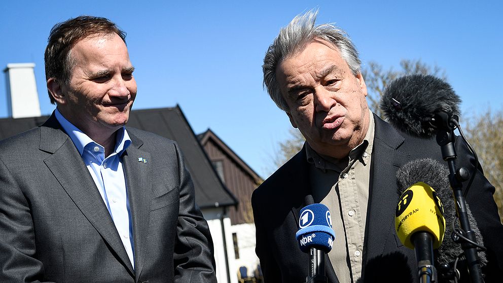 Statsminister Stefan Löfven och FN:s generalsekreterare Antonio Guterres håll en gemensam pressträff i Backåkra.