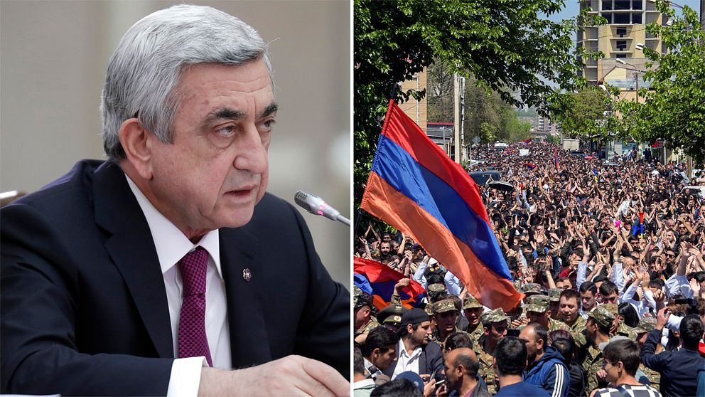 Armeniens avgående premiärminister Serrzj Sargsian och bild på protesterna mot honom.