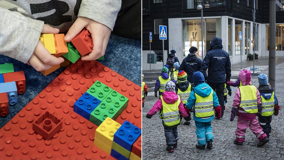 Delad bild: Först en på ett barn som leker med lego, sedan en på ett gäng med barn som promenerar i grupp.