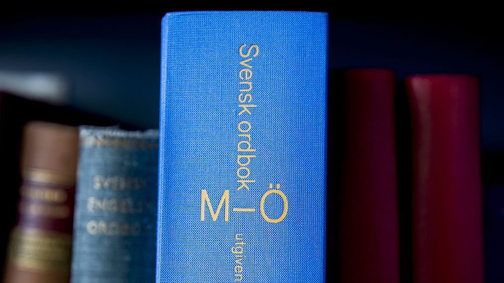 En rad böcker, däribland en blå, svensk ordbok.