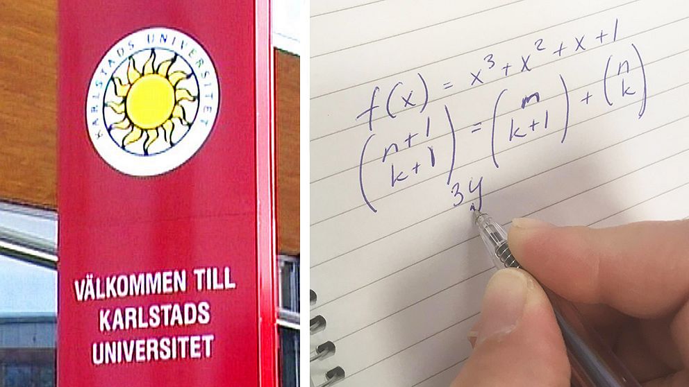 Till vänster syns en röd skylt med Karlstads universitets logga på. Under den står det Välkommen till Karlstads universitet. Till höger i bild syns ett anteckningsblock där en hand skriver en komplicerad algebraisk matteuppgift.