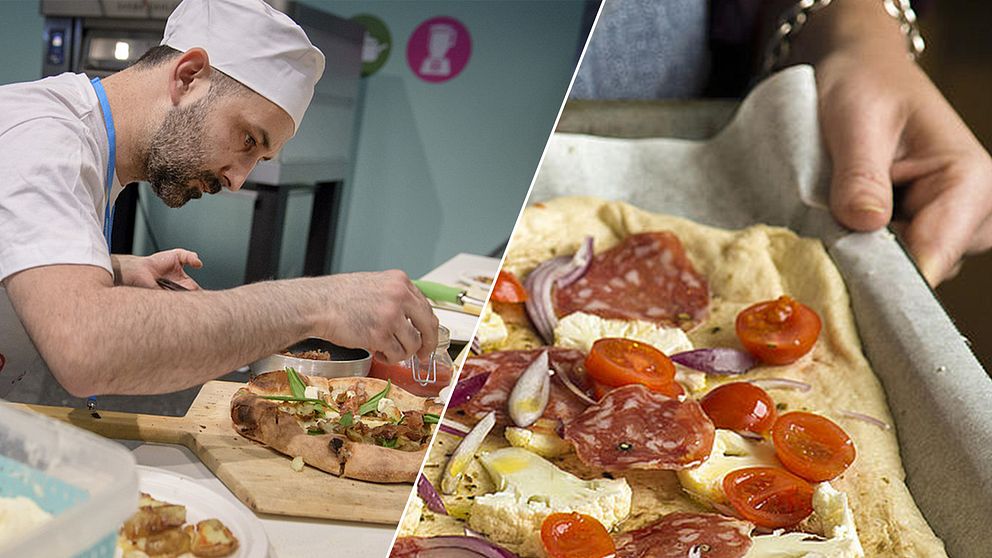 Pizzabagaren Amir Bozaghian och en ogräddad pizza i en långpanna.