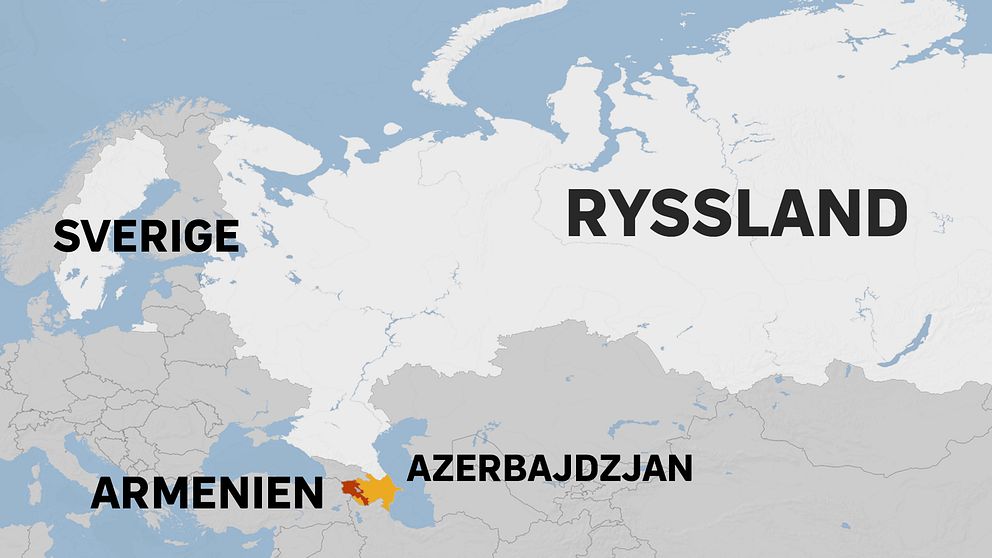 Karta över Armenien och Azerbjadzjan i förhållande till Sverige och Ryssland.