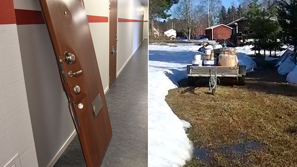 En bild på en dörr i Akalla där polisen gjorde ett tillslag i måndags, även en bild från Strömsund i Jämtland där ytterligare ett tillslag gjordes, enligt uppgifter till SVT.