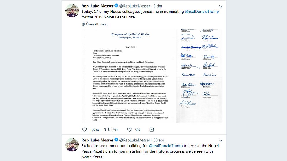 Den republikanske kongressledamoten Luke Messer på Twitter om nomineringen av Trump.