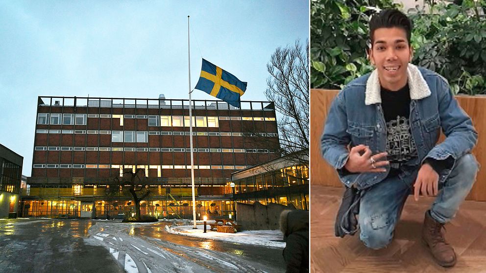 Svensk flagga på halv stång utanför Enskede gårds gymnasium och Mahmoud Alizade