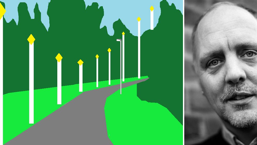 konstnären Klas Eriksson och en teckning av olika höga flaggstänger bredvid cykelväg
