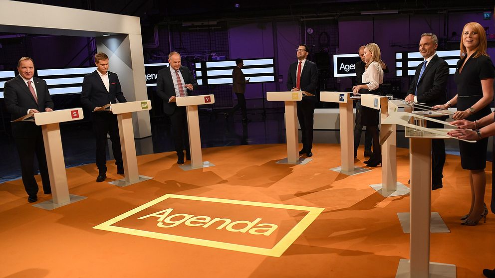 Stefan Löfven (S), Gustav Fridolin (MP), Jonas Sjöstedt (V), Jimmie Åkesson (SD), Ebba Busch Thor (KD), Jan Björklund (L) och Annie Lööf (C) under höstens partiledardebatt.