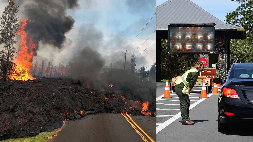 Parkvaktare på Hawaiis nationalpark ber människor att vända vid ingången. Från fredagen har en mängd skalv inträffat, det starkaste med magnituden 6,9.