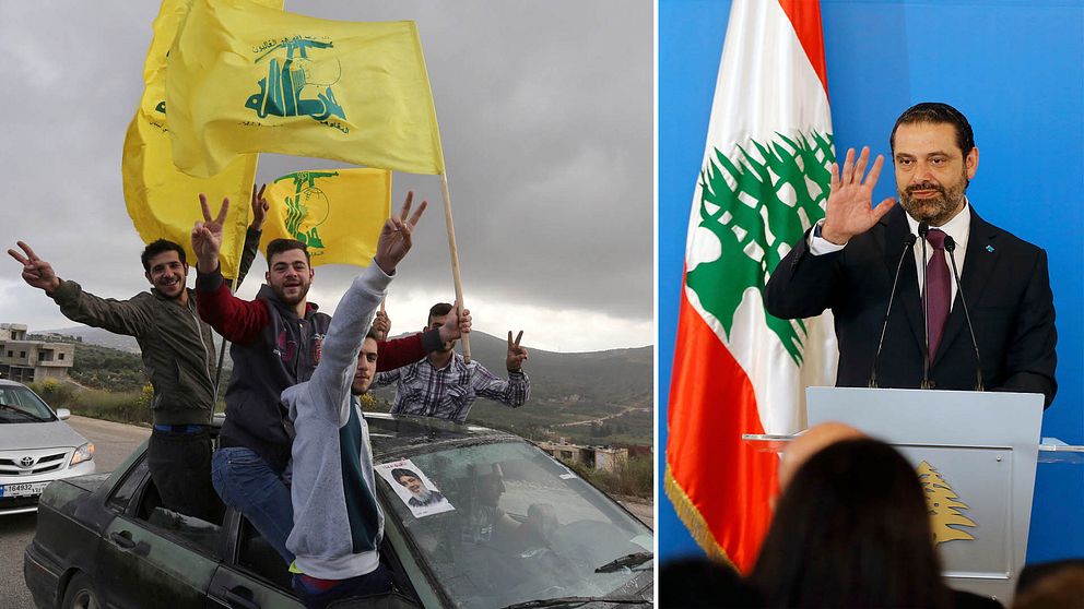 Glada libaneser i bil med gula Hizbollah-flaggor. Premiärminister Saad al-Hariri håller en presskonferens.