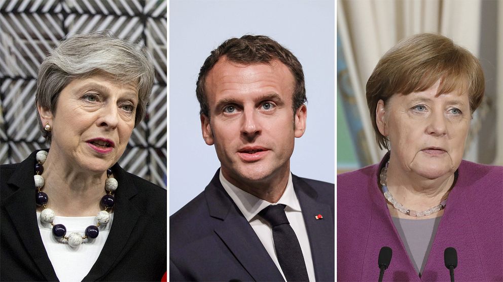 Storbritanniens premiärminister Theresa May, Frankrikes president Emmanuel Macron och Tysklands förbundskansler Angela Merkel.