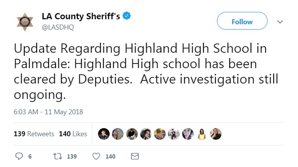 Tweet från sheriffkontoret i Los Angeles county.