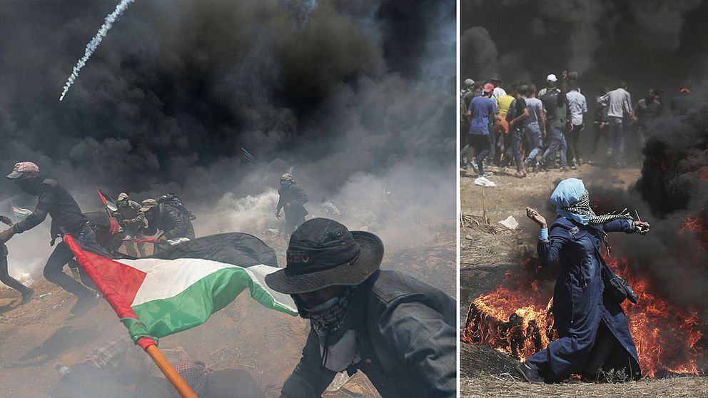 Folk som kastar sten och springer med palestinska flaggan i Gaza. Bildäck brinner, stora rökmoln. På marken ligger personer och försöker skydda sig.