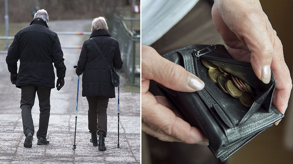 Ett pensionärspar på promenad + en öppen plånbok med mynt i.