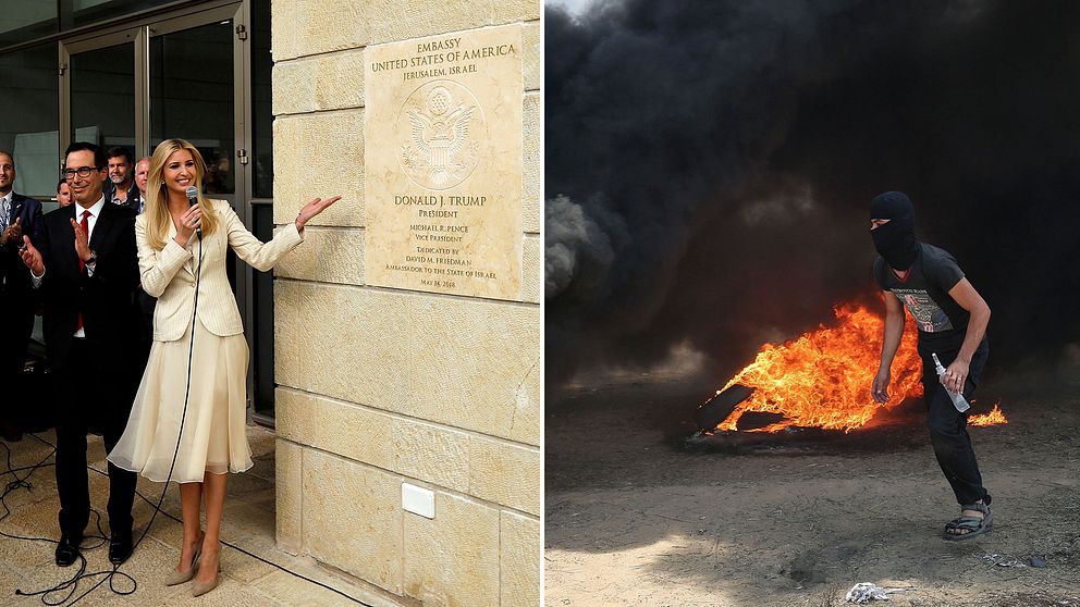 Ivanka Trump under invigningen av USA:s Jerusalemambassad. Samtidigt våldsamma sammandrabbningar vid gränsen till Gaza