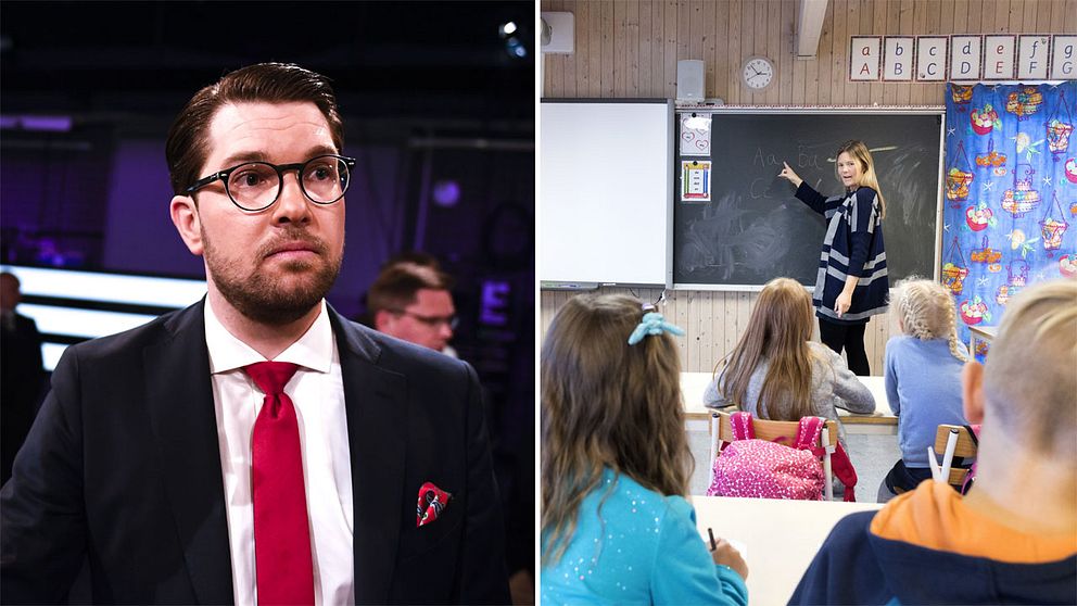 SD:s partiledare Jimmie Åkesson och en skolklass.