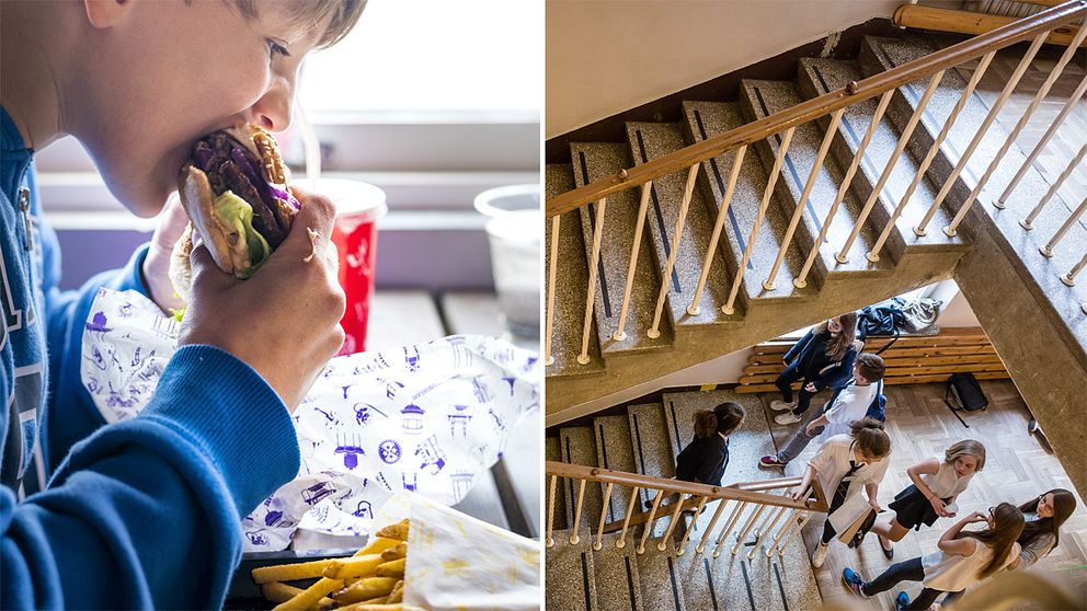 Barn som äter hamburgare och elever i en skolkorridor.