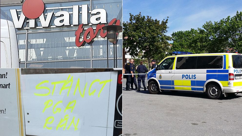 Montage av bilder: Vivallatorg, skylt märkt ”Stäng pga rån” samt polisbuss