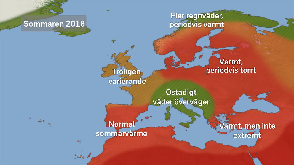 Kartan visar de mest troliga och dominerande dragen för sommaren 2018. Det är en kombination av den tänkta fördelningen av luftmassor samt var torrare och blötare väder väntas överväga. Läs gärna hela artikeln för bästa förståelse av resonemanget.