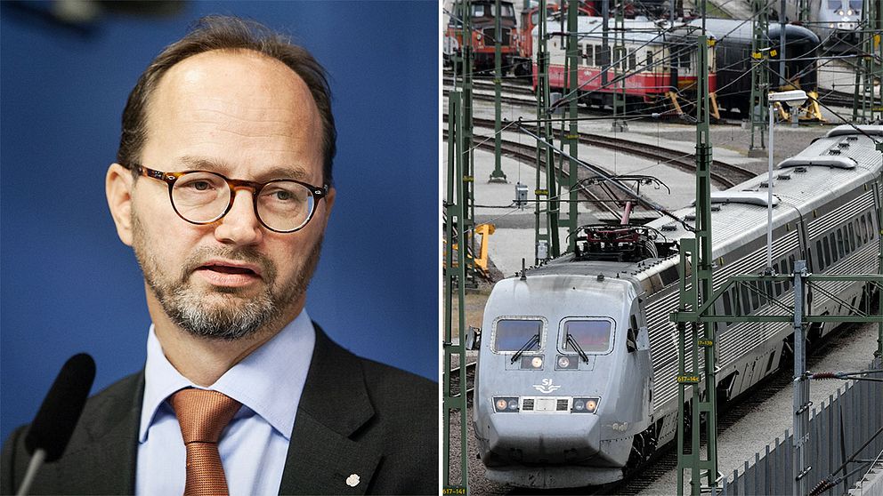 Infrastrukturminister Tomas Eneroth (S) och ett SJ-pendeltåg.