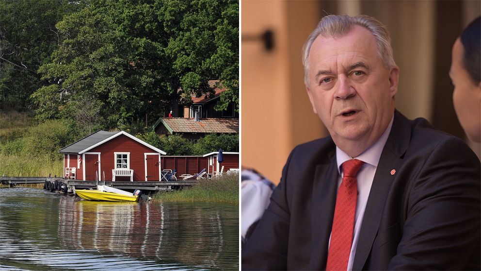 Bild på sommarstuga vid vattnet samt landsbygdsministern Sven-Erik Bucht (S).
