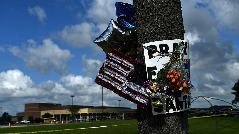 I förgrunden – träd med minneblommor. I bakgrunden – gymnasieskolan i Santa Fe.