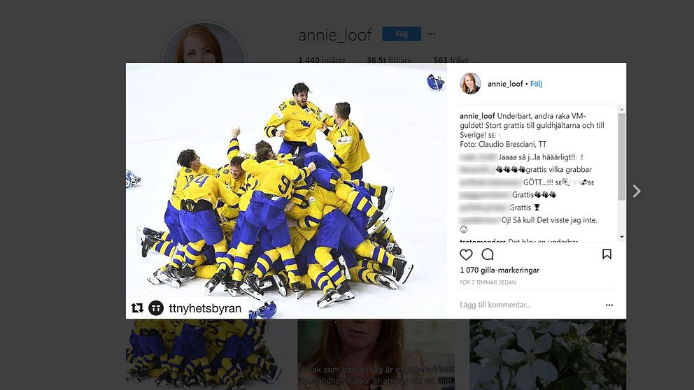 Annie Lööf gratulerar hockeyvinnarna i ett inlägg på Instagram.