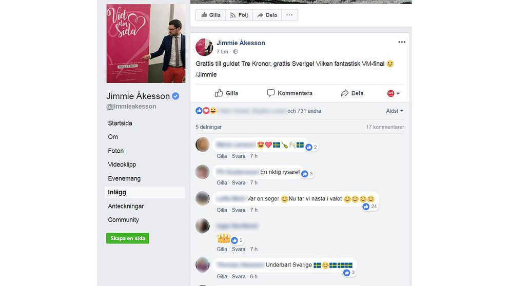 Jimmie Åkesson skriver grattis till Sverige och hockeylandslaget på Facebook.