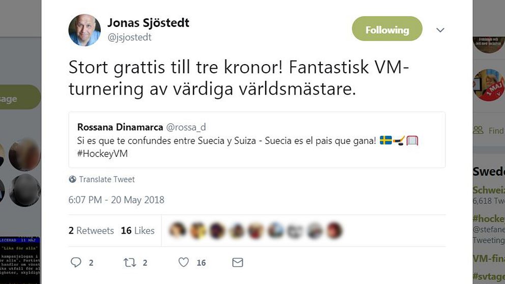 Jonas Sjöstedt gratulerar till VM-vinsten på Twitter.