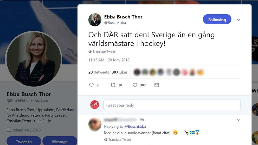 Sverie än en gång världsmästare i hockey, skriver Ebba Busch Thor på Twitter.