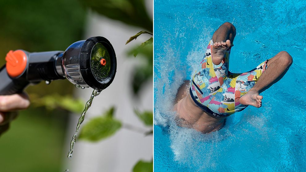 Foto som symboliserar vattenbrist. Droppar från en vattenslang som används vid bevattning. Samt en bild på en pojke som dyker ned i en pool.