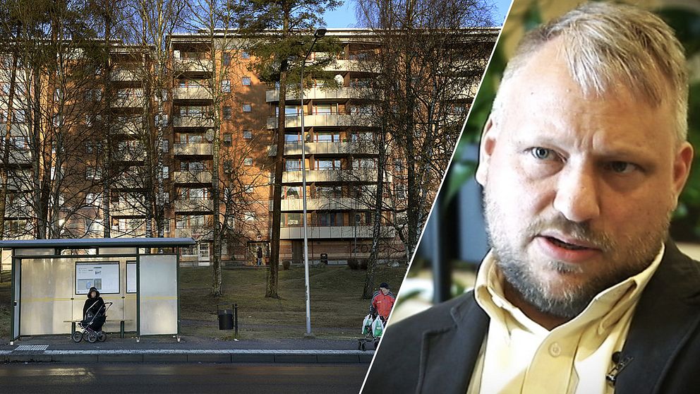 Busskur med bostadshus i bakgrunden. Till höger Hyresgästföreningens senioranalytiker Love Börjeson.