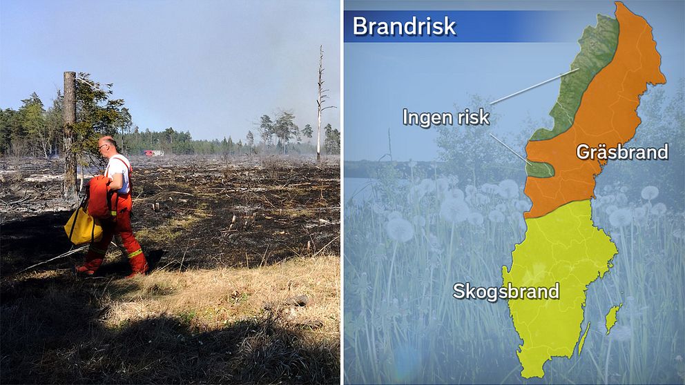 Bild från skogsbrand och en karta över riskområden.