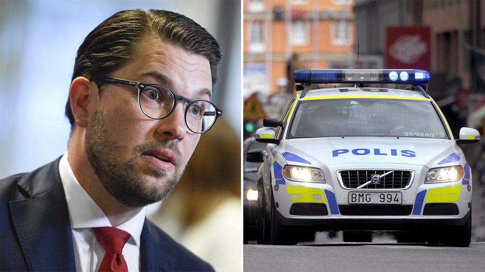 Sverigedemokraternas partiledare Jimmie Åkesson samt bild på en polisbil.