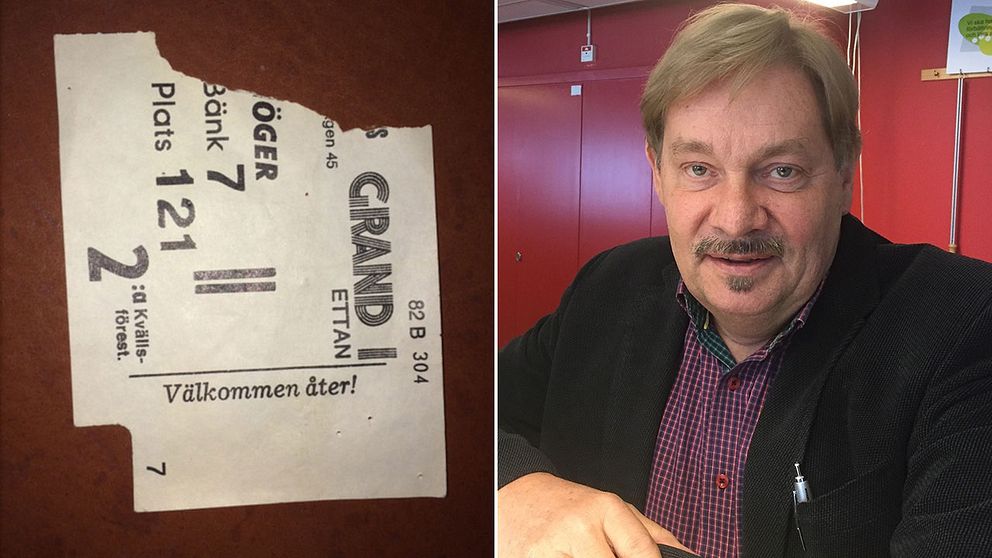 En bild på SVT-reportern Göran Åhgren och den biobiljett han sparat i 32 år efter att ha besökt samma bio som Olof Palme.