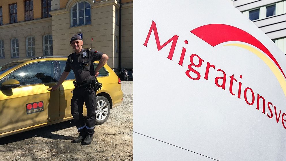 Fotomontage av Securitas framför asylboendet i Hågesta och pressbild över Migrationsverkets logotyp.