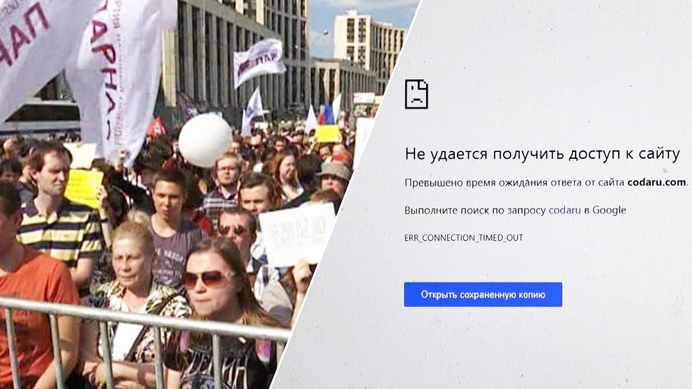 Ryska demonstranter och en webbsida som inte kan laddas.