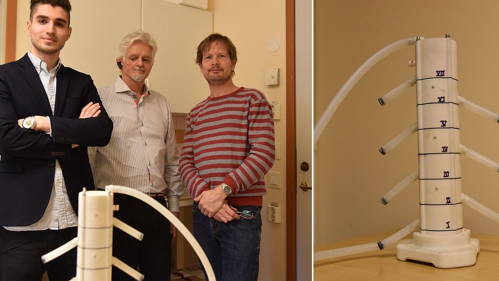 Läkarstudenten Randy Boya, uppfinnaren Conny Norman och forskaren Mikael Ivarsson. Till höger en bild på en vätskefälla.