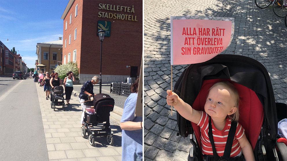 Mammor som går med barnvagnar framför sig förbi Skellefteå Stadshotell.
